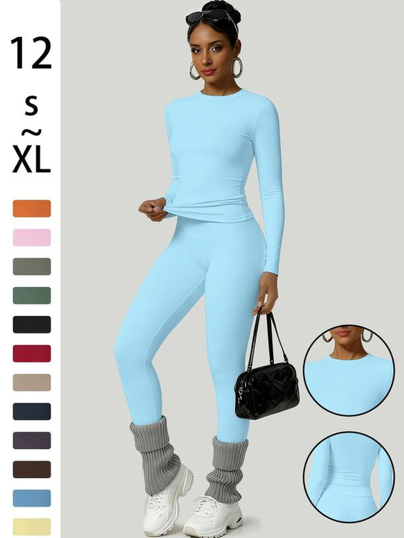 Women'S Sporty Solid Color Top & Pants Set, Comfortable Tee & Slim Fit Leggings, Ideal for Daily Yoga & Fitness Activities