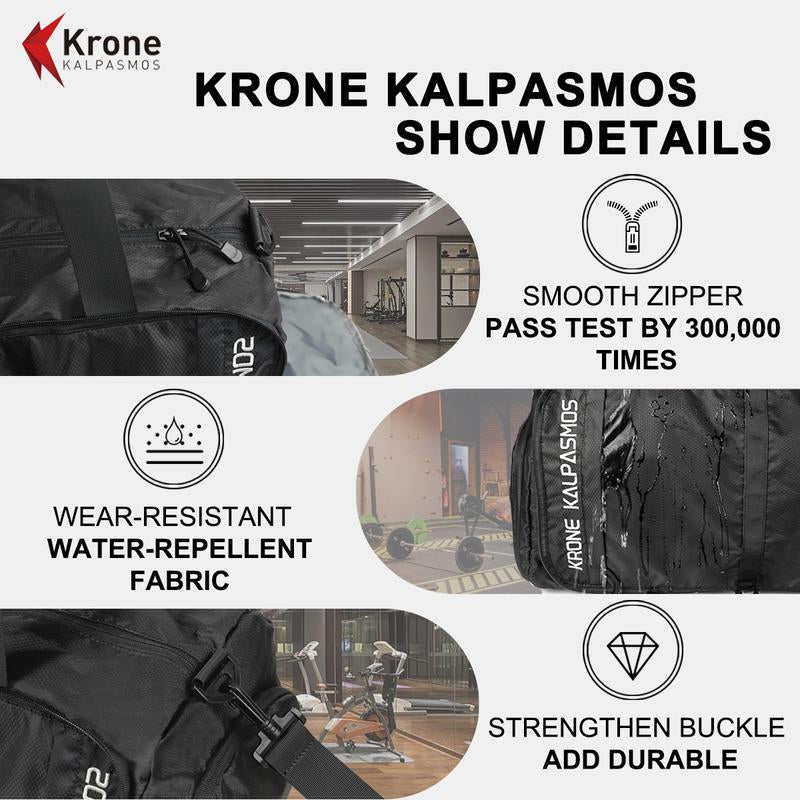 Krone Kalpasmos Gym Bag Small Foldable Lightweight Waterproof Multifunctional Partition Nylon Duffle Bag for Sports and Travel Black