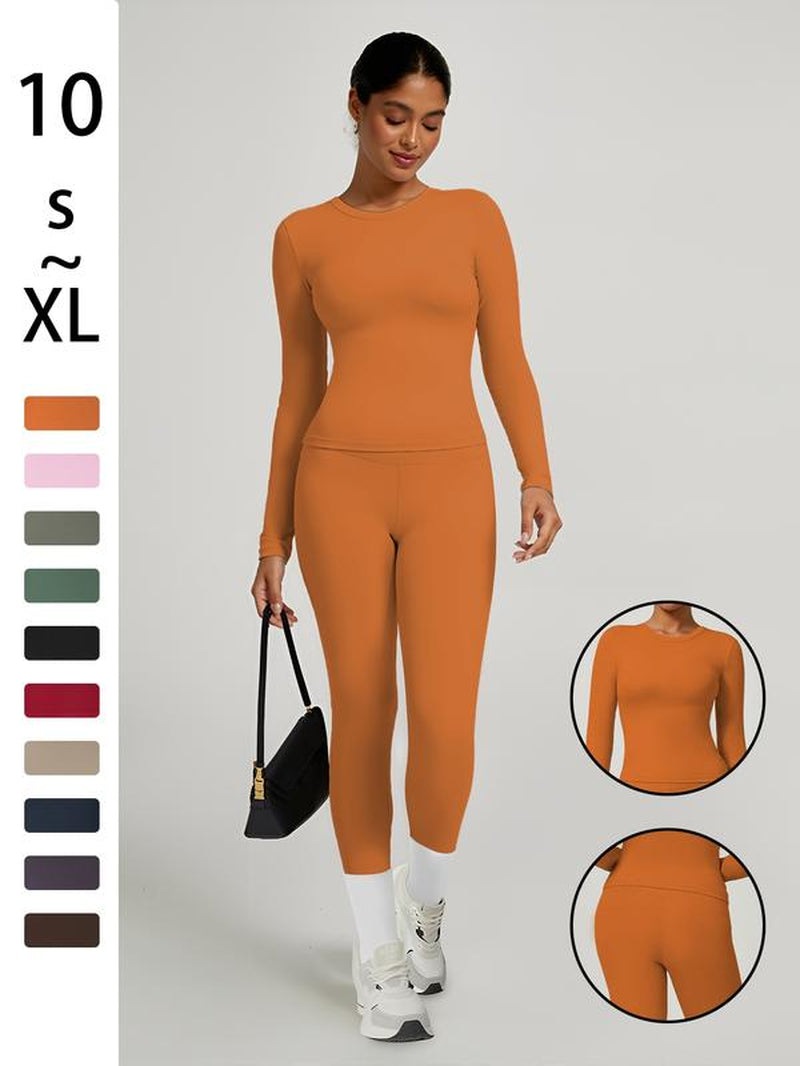 Women'S Sporty Solid Color Top & Pants Set, Comfortable Tee & Slim Fit Leggings, Ideal for Daily Yoga & Fitness Activities